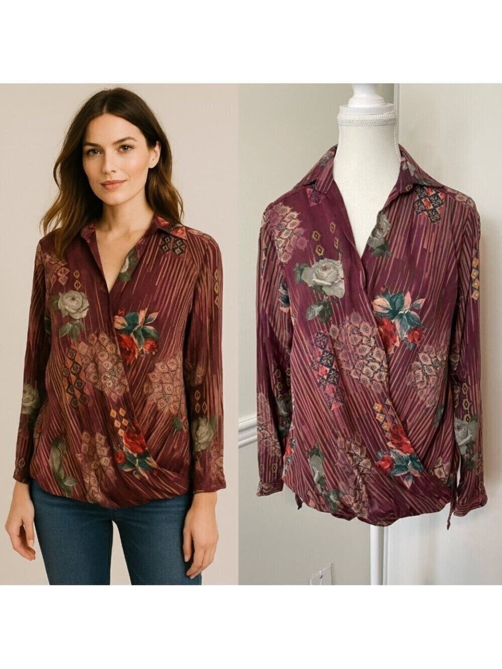 Mahila Floral Front Wrap Long Sleeve Blouse XS